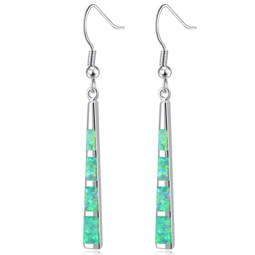 14K White Gold with Genuine Green Fire Opal Dangling Hook Tapered Bar Earrings